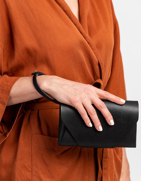 Black leather Stella Soomlais Capital of Plenty Clutch-Wallet, convertible design, available on USMIH Grid – modern European marketplace.