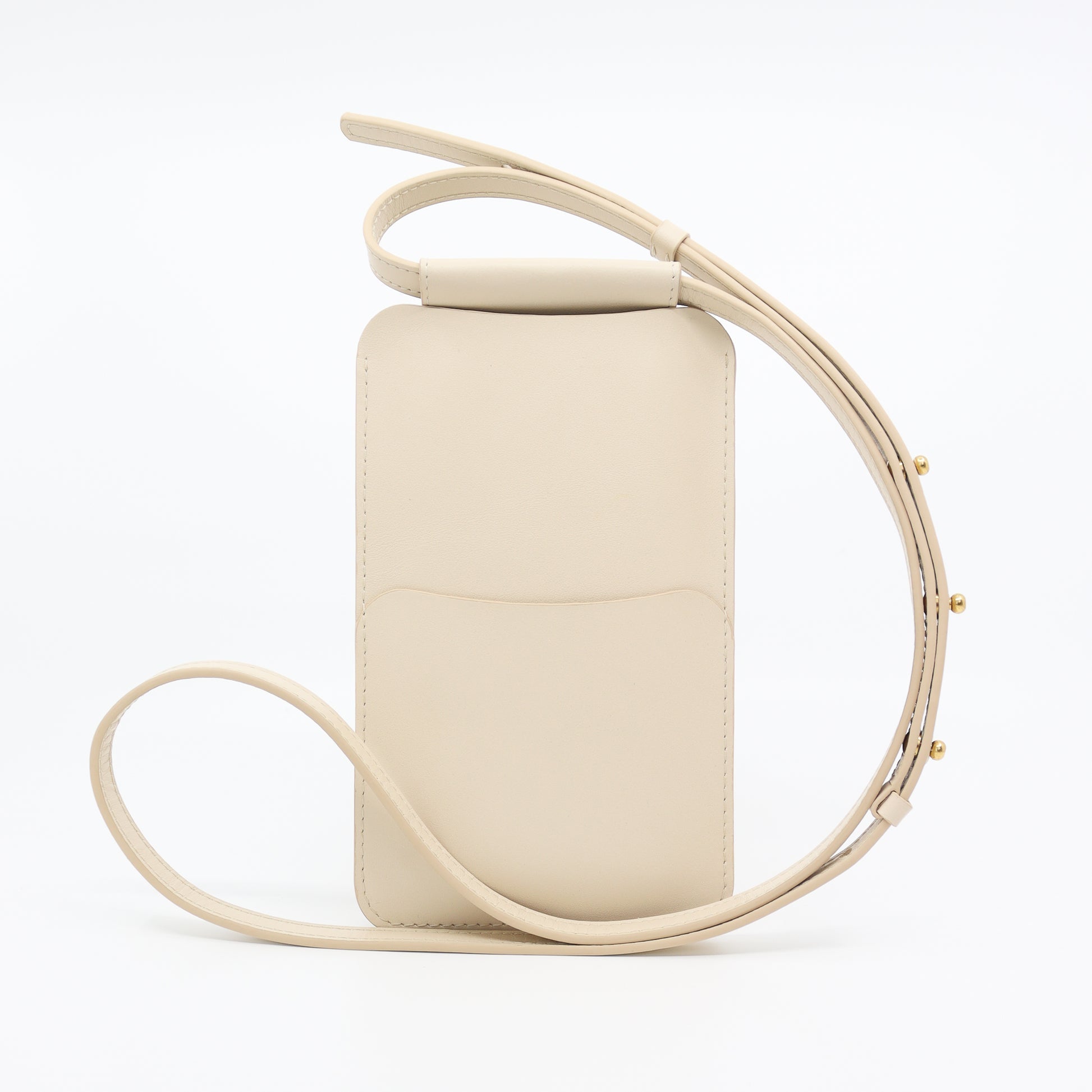 Beige leather cross body phone bag with credit card slots, available on USMIH Grid, supports card and Bitcoin payments.