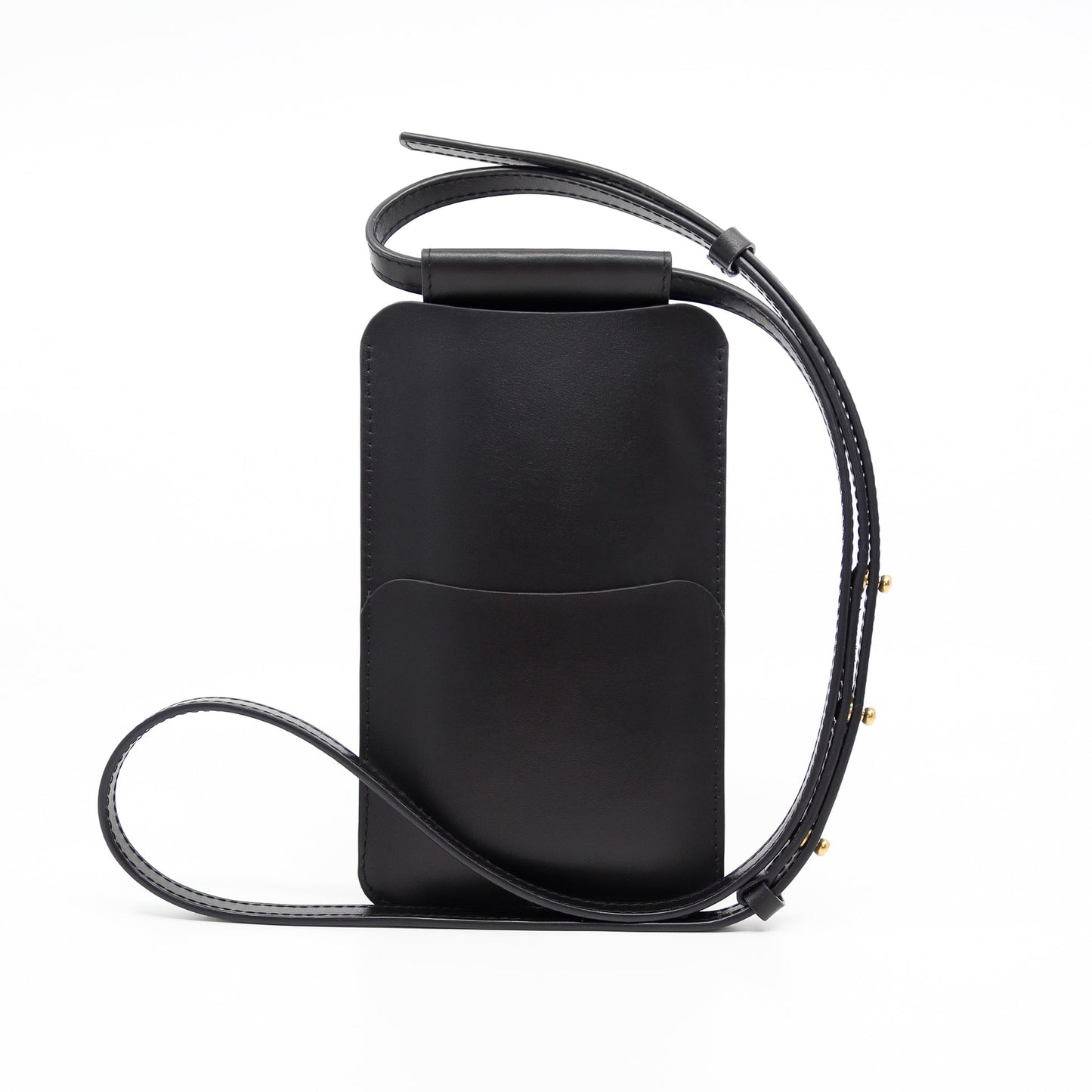 Black leather cross body phone bag with adjustable strap, shown on USMIH Grid, buyable with card and Bitcoin payments, European design.