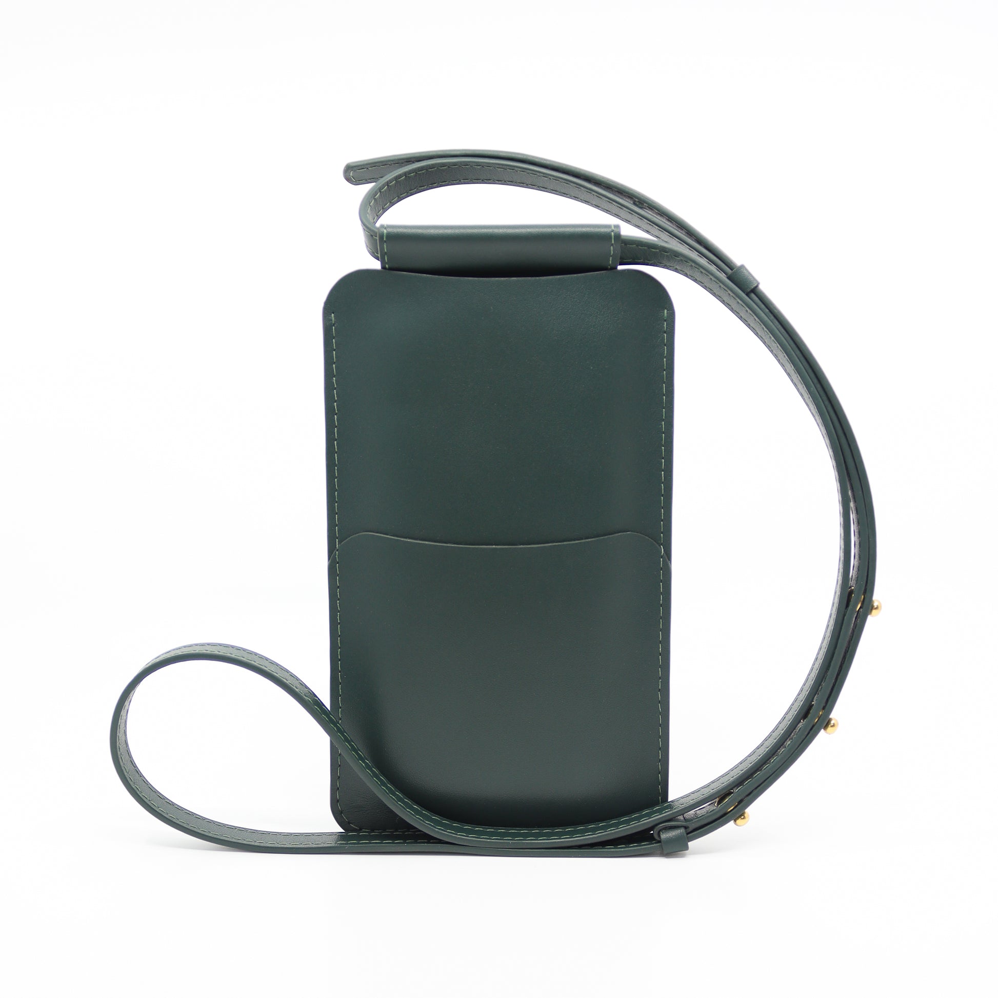 Forest Green Leather Phone Bag with card slots and adjustable strap, available on USMIH Grid. Buy with card or cryptocurrency.