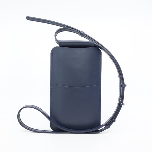 Navy leather phone bag with card slots, crossbody strap, available on USMIH Grid marketplace, accepts card and Bitcoin payments.