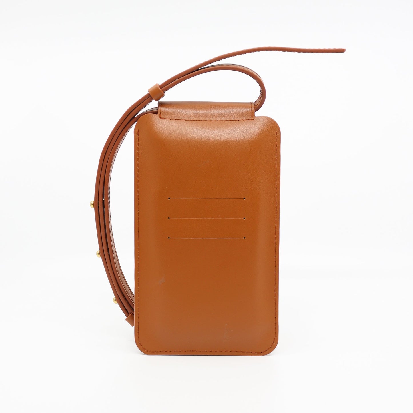 Tan leather phone bag with card slots, adjustable strap, available on USMIH Grid, buy with card or Bitcoin, European brand marketplace.