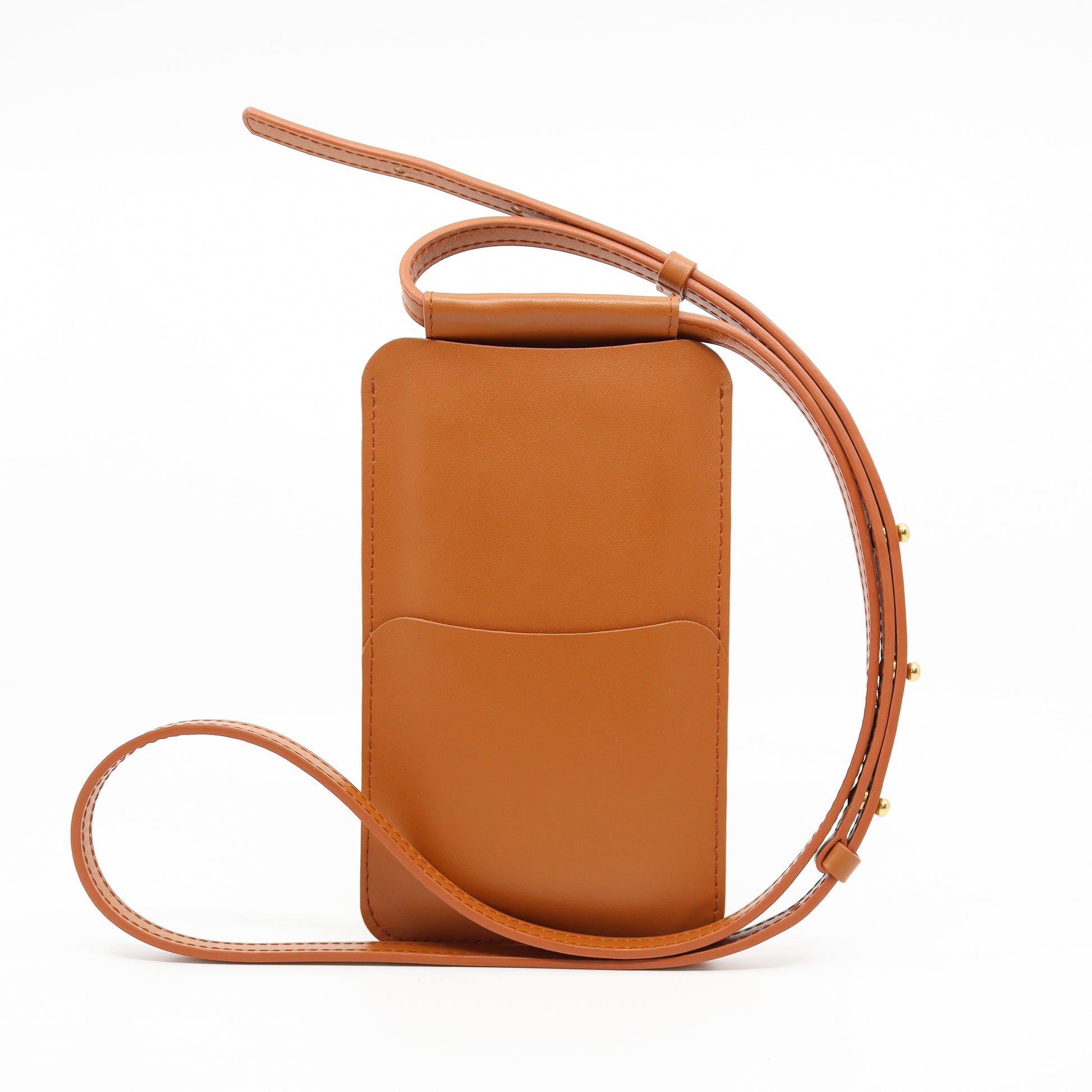 Tan leather cross body phone bag with adjustable strap, credit card slots, and front pocket, available on USMIH Grid with Bitcoin payment options.