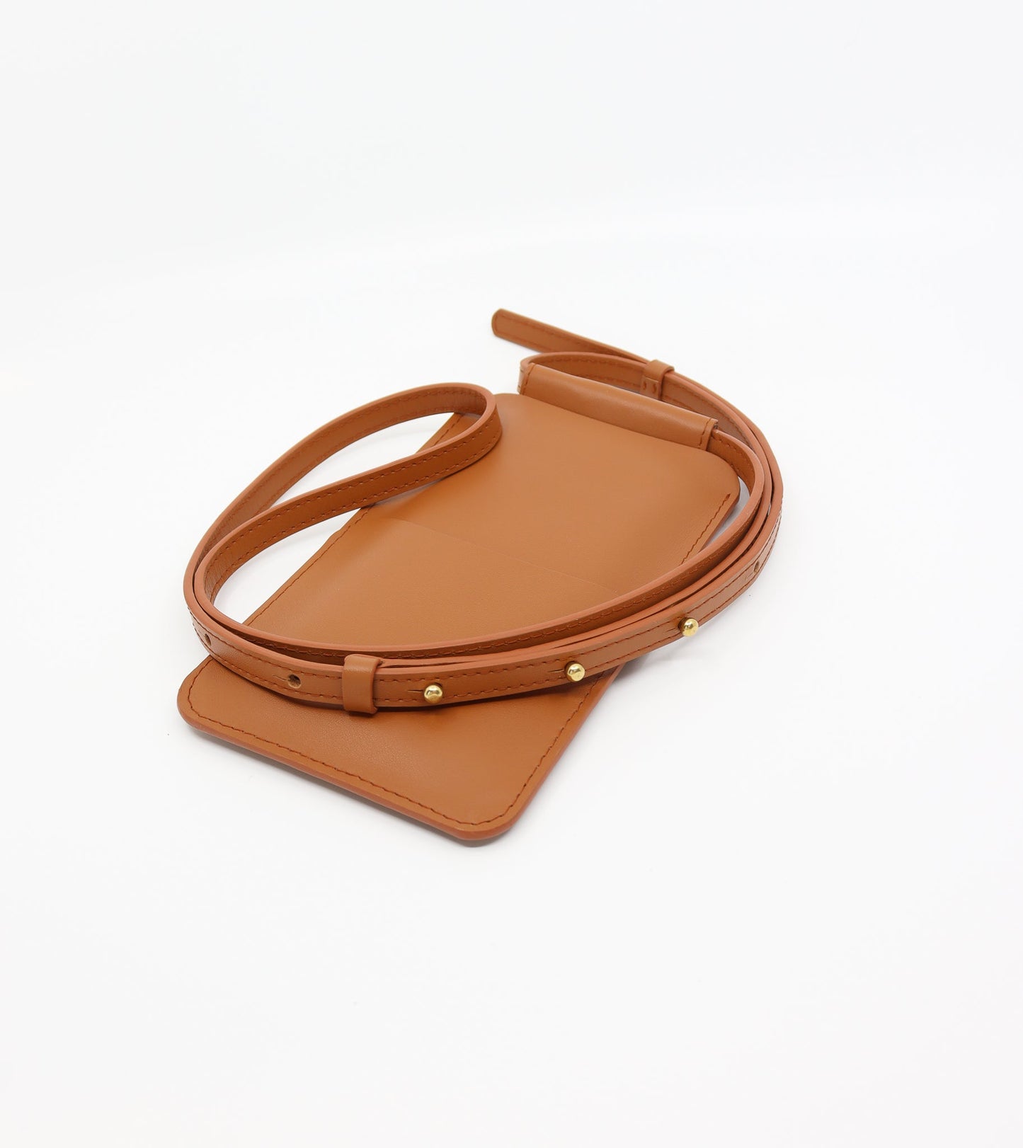 Tan leather phone bag with adjustable strap, available on USMIH Grid. Purchase with card, Bitcoin, or altcoin payments. Modern European design.