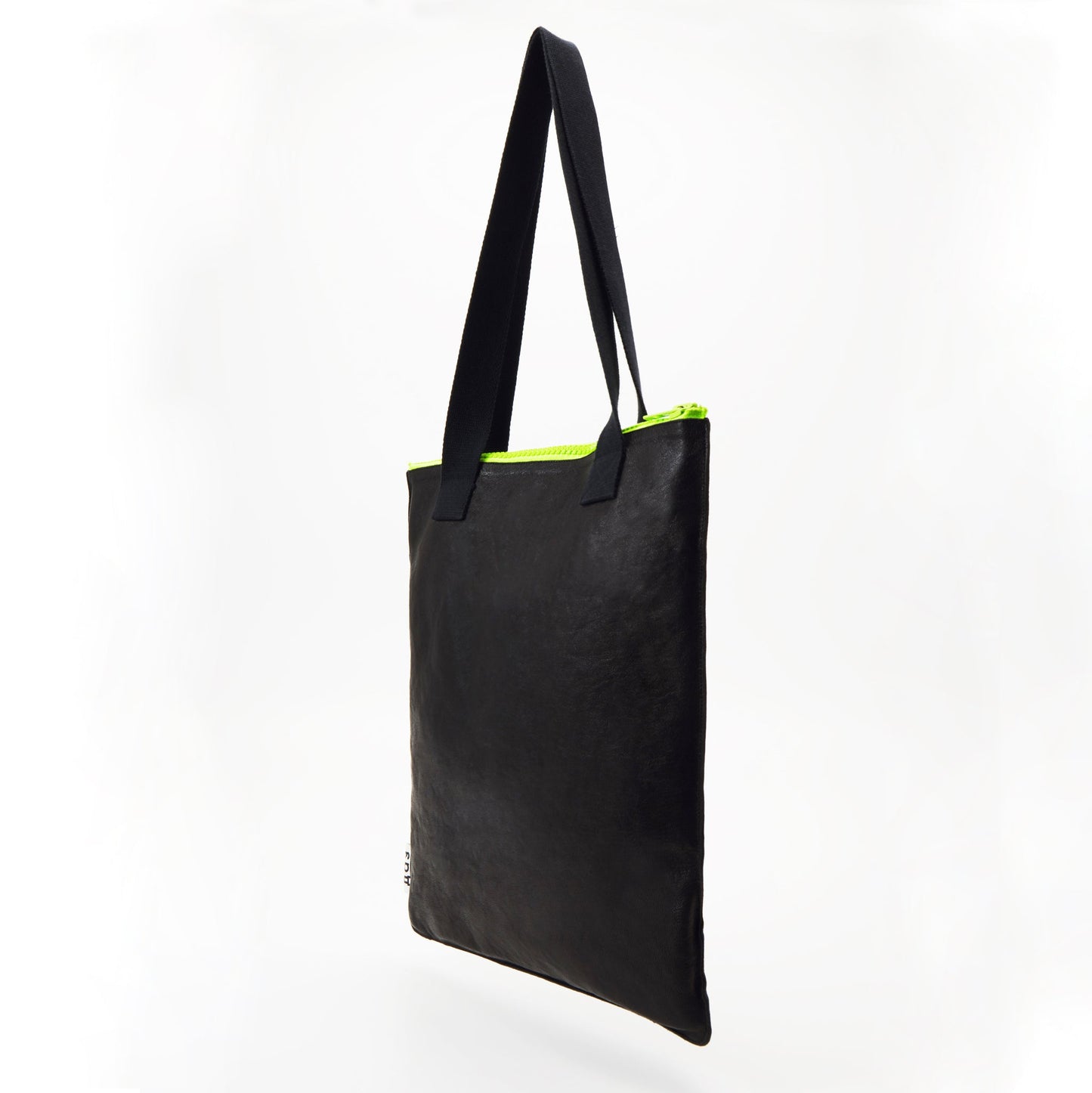 Handmade black leather tote with neon zipper, available at USMIH Grid. Purchase with card or cryptocurrency. European brand.