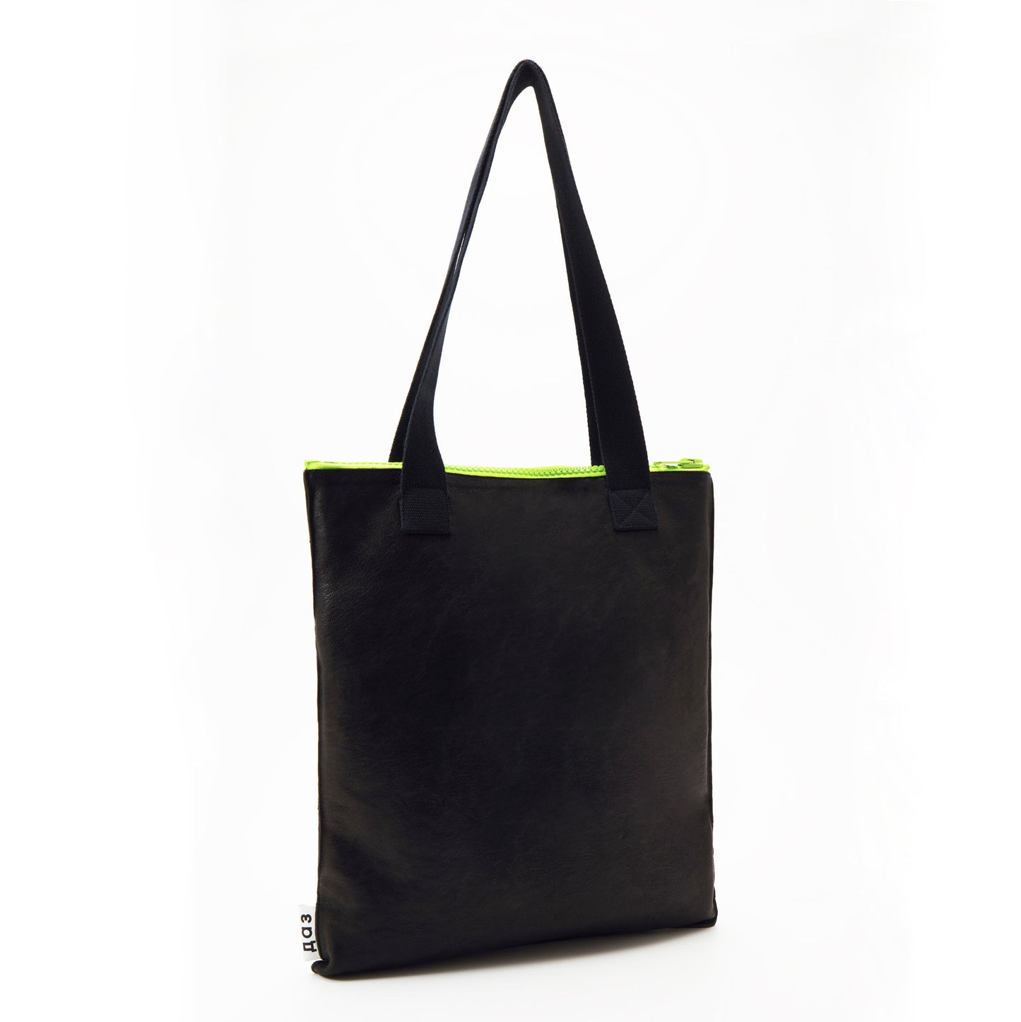 Handmade black leather tote with neon zipper, available on USMIH Grid. Buy with card, Bitcoin, or altcoin. European brand marketplace.