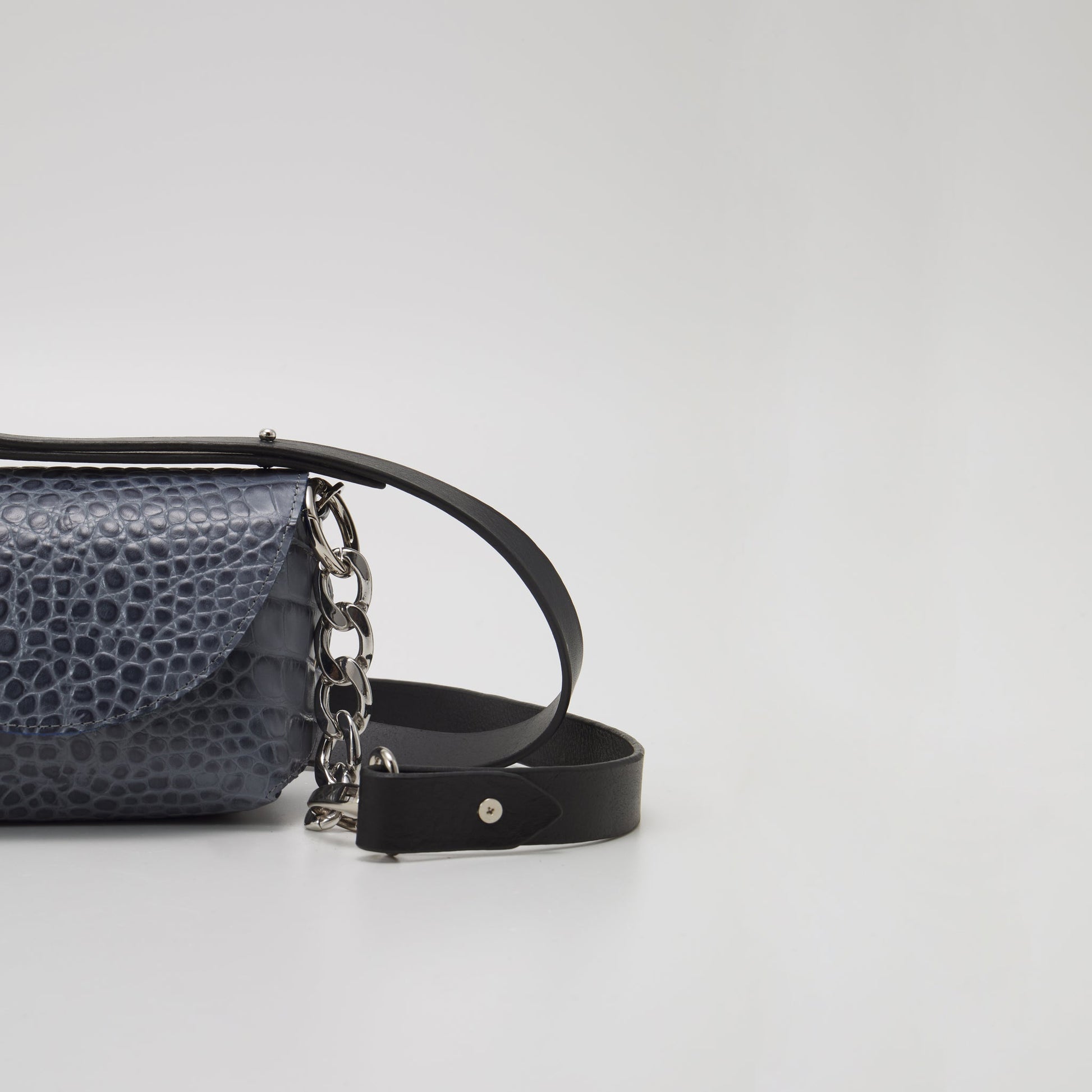 Grey and blue handmade leather shoulder bag with silver hardware on USMIH Grid, buy with card or Bitcoin, European brand.