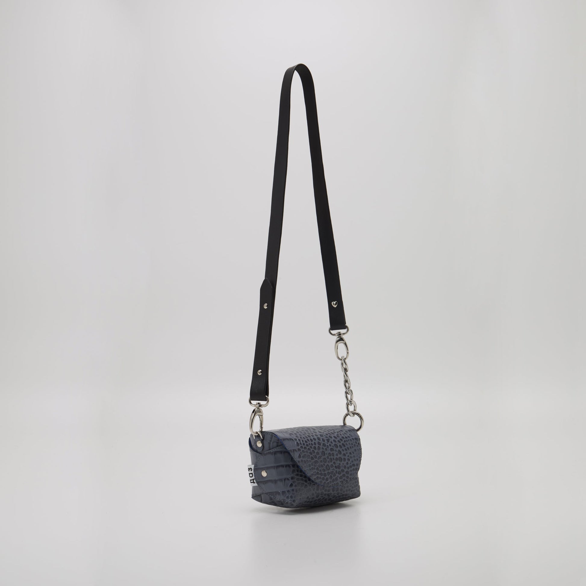 Handmade grey and blue leather shoulder bag with silver hardware, available on USMIH Grid. Buy with card or cryptocurrency.