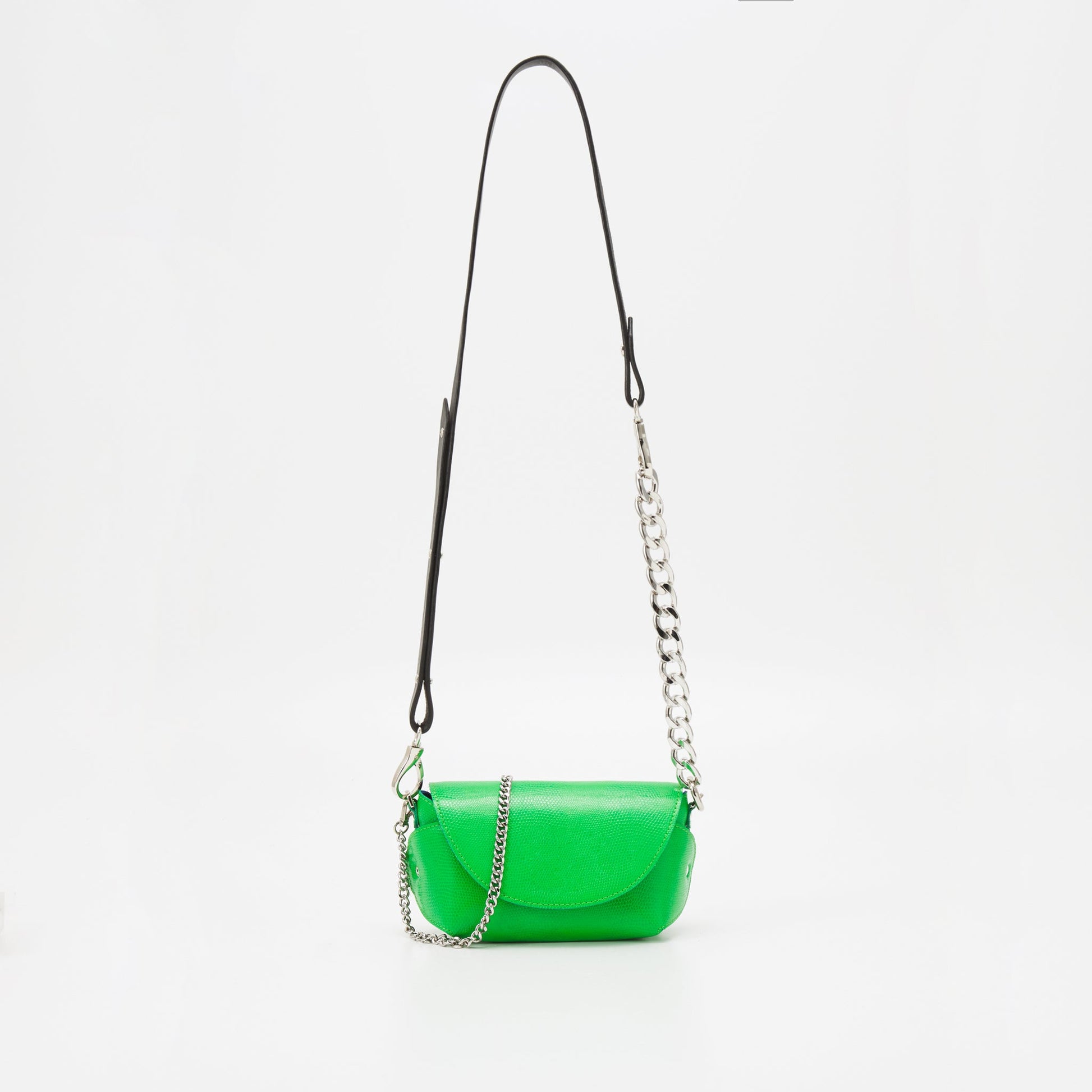 Handmade neon green leather shoulder bag with silver chain, available on USMIH Grid, buy with card, Bitcoin, or altcoin payments.