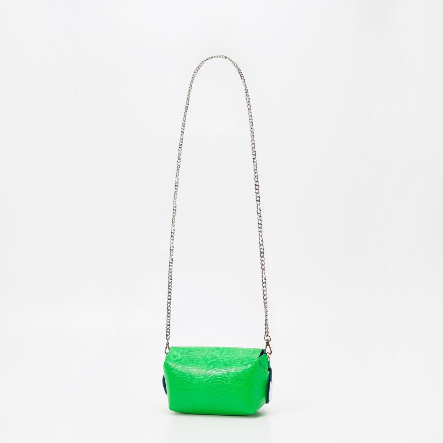 Neon green leather shoulder bag with silver chain, available on USMIH Grid. Buy with card or Bitcoin. Modern European brand accessory.